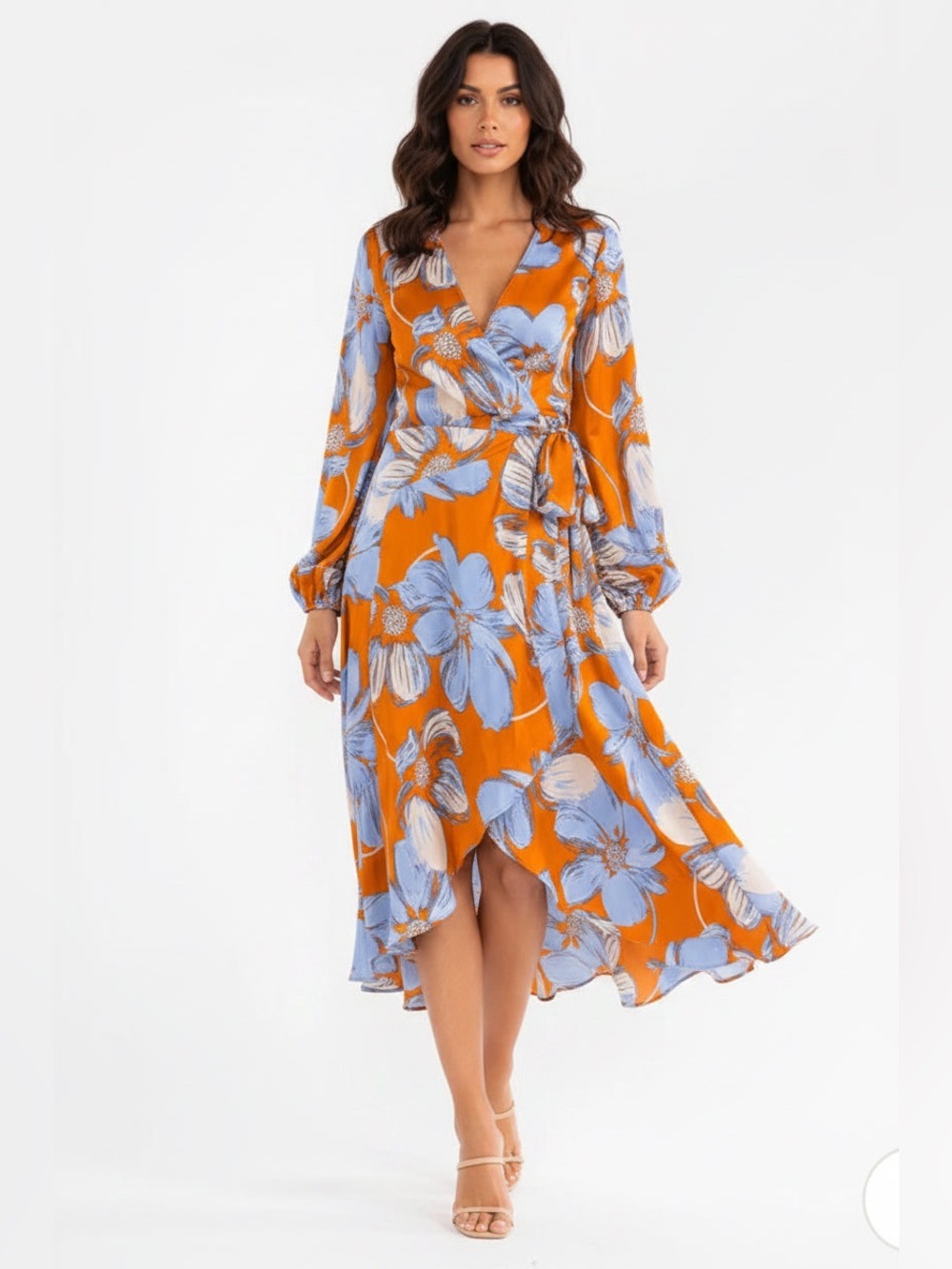 Elegant Floral Long Sleeve Dress in Orange and Blue